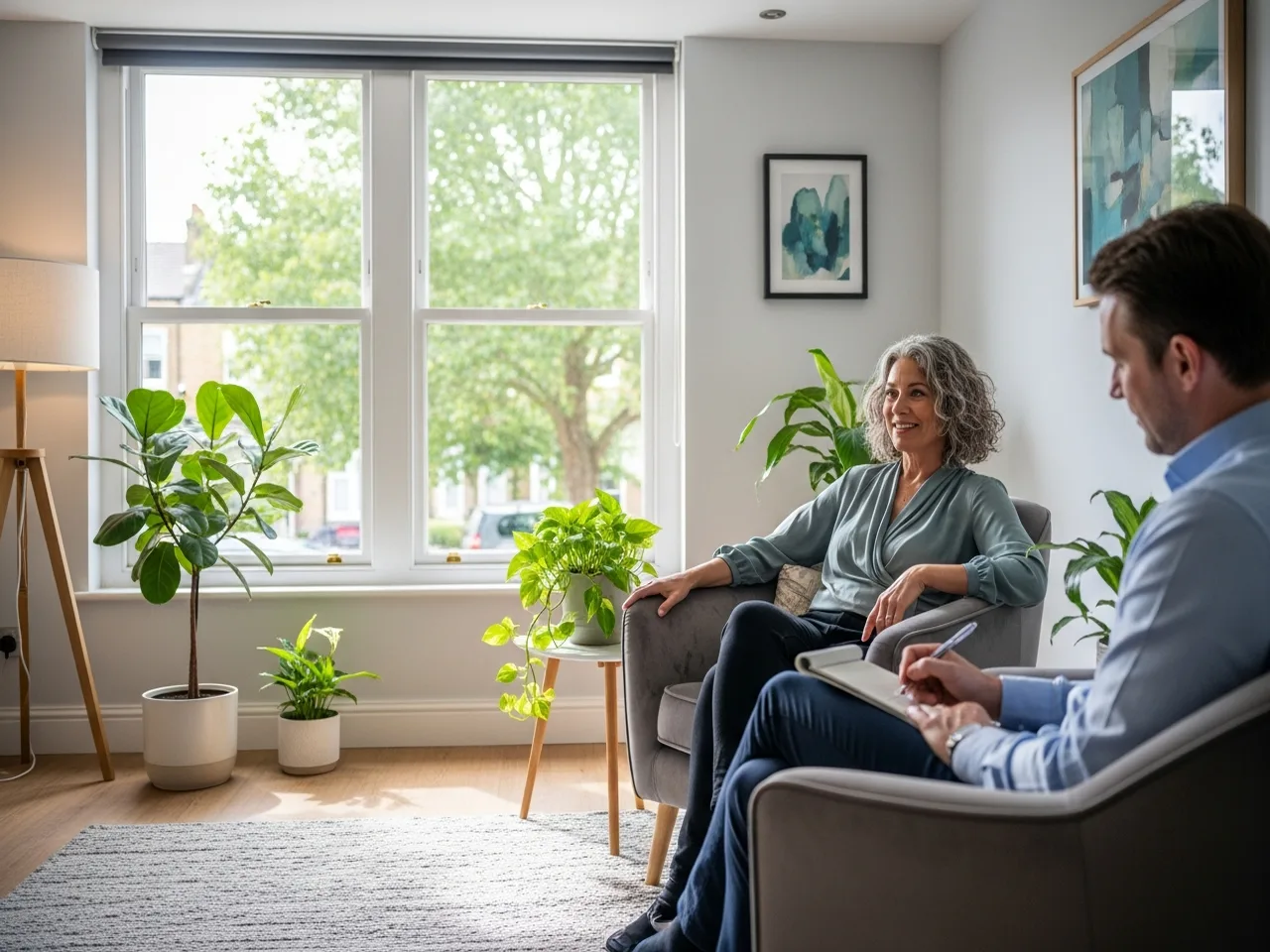 Calm, open hypnotherapy consultation room for claustrophobia work with Darren Carter